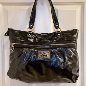 COACH Poppy Collection Black Patent Leather Bag With Heart Pull